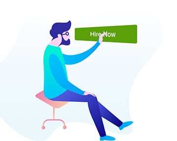 Illustration of A man sits on a chair and presses Hire Now button