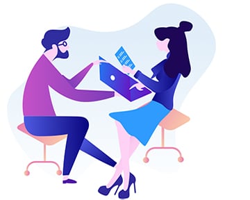 Illustration of A man and a woman are sitting on a chair with a computer