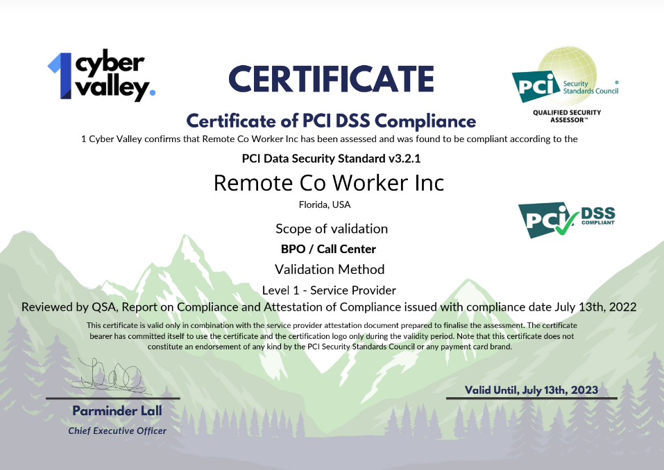 PCI DSS Level 1 Certificate - BPO / Call Center Provider Issued to Remote CoWorker